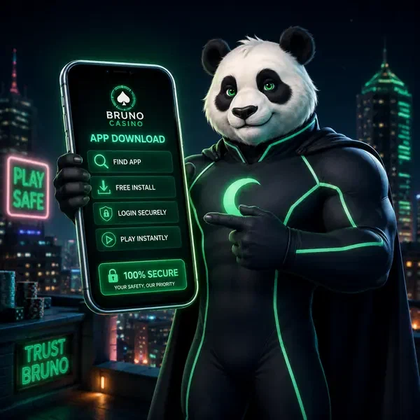 Bruno Panda pobierający aplikację mobilną na świecącym ekranie smartfona