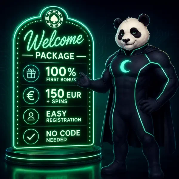Bruno Panda gestykuluje w kierunku świecącego znaku bonusu powitalnego w portalu logowania Bruno Casino