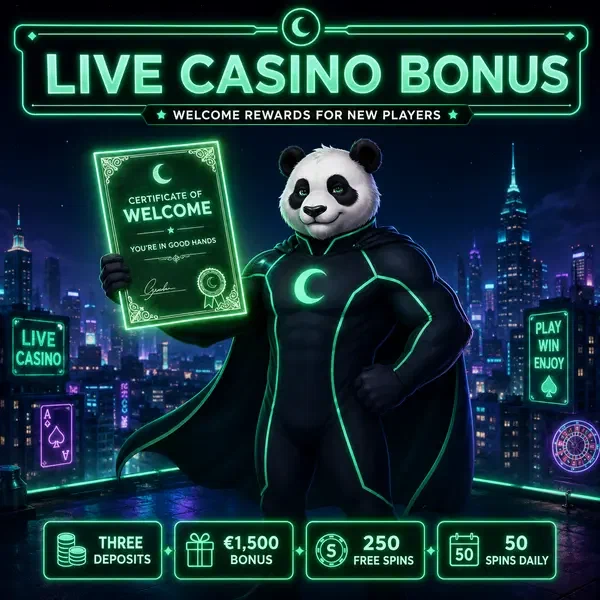 Bruno Panda prezentujący certyfikat bonusu live casino na neonowym dachu z widokiem na miasto