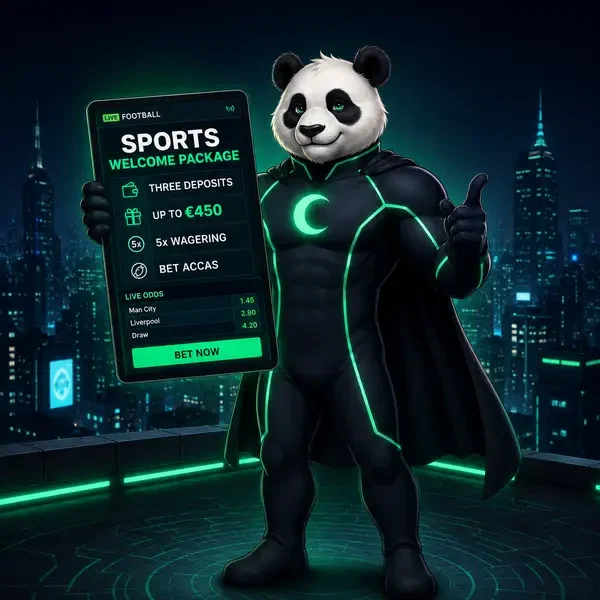 Bruno panda pewnie trzyma tablet z zakładami sportowymi na neonowym dachu z widokiem na miasto