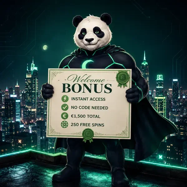 Bruno panda trzyma certyfikat bonusu powitalnego, gdy nowy gracz rejestruje się w Bruno Casino