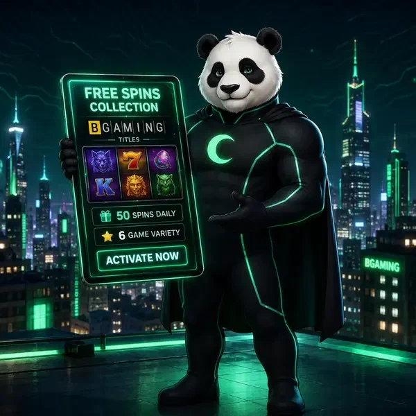 Bruno Panda prezentujący darmowe spiny bez depozytu na świecącym tablecie na neonowym dachu Bruno Casino