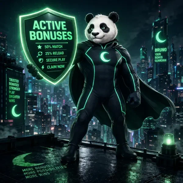 Bruno Panda trzymający świecącą tarczę z aktywnymi kodami bonusowymi na oświetlonym neonem dachu z widokiem na miasto