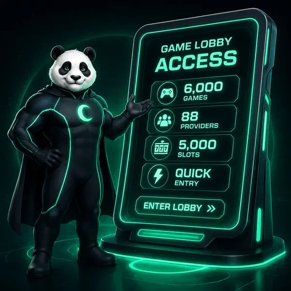 Bruno Panda gestykuluje w kierunku świecącej konsoli do szybkiego dostępu do lobby gier w Bruno Casino