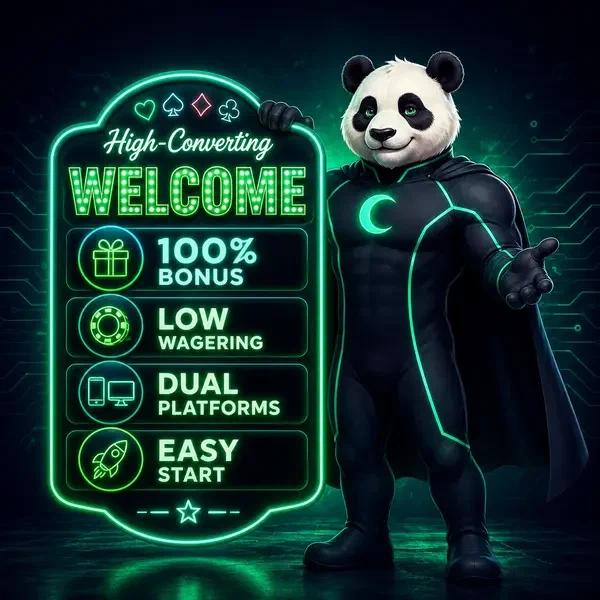 Bruno Panda prezentujący znak bonusu powitalnego partnerskiego o wysokiej konwersji w neonowo oświetlonym kasynie
