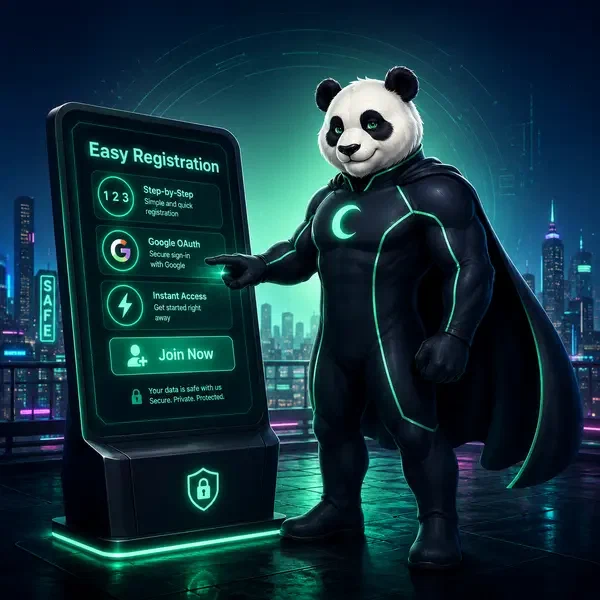 Bruno superbohaterska panda pewnie rejestruje się przy bezpiecznym terminalu rejestracyjnym