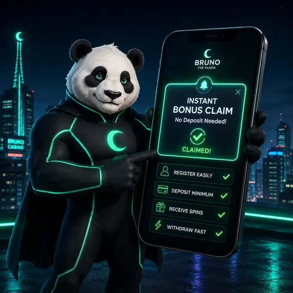 Bruno Panda odbierający bonus bez depozytu na świecącym smartfonie w Instant Casino Bruno