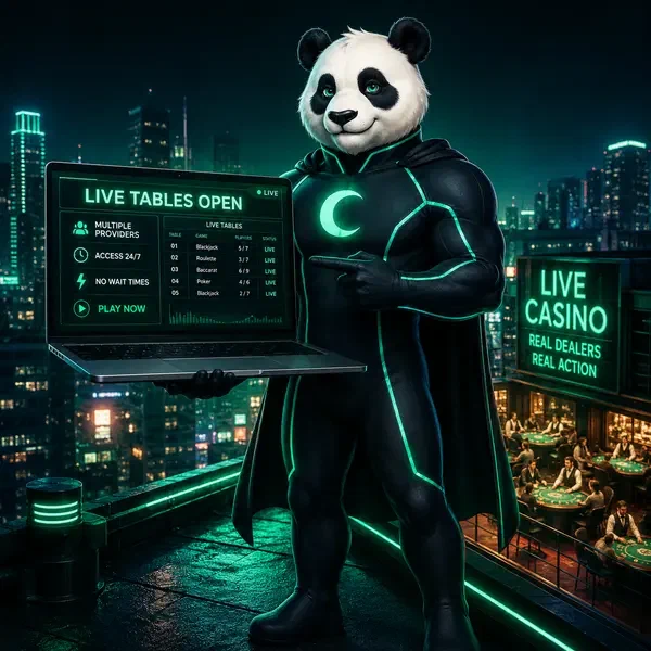 Bruno Panda monitorujący stoły na żywo w Bruno Casino z neonowego dachu z wyświetlaczem laptopa