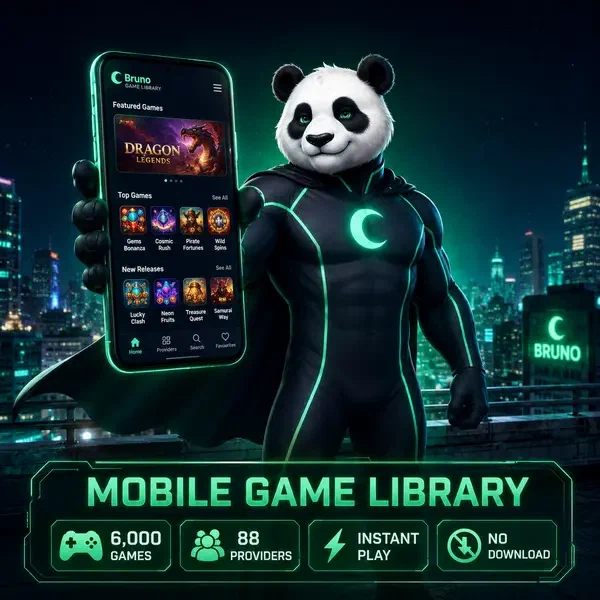 Bruno Panda prezentujący aplikację mobilną [Brand] z ogromną biblioteką gier na futurystycznym urządzeniu