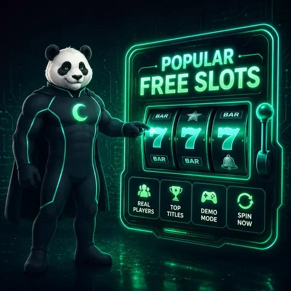 Bruno panda kręci darmowymi automatami przy świecącym interfejsie ze szmaragdowymi efektami świetlnymi