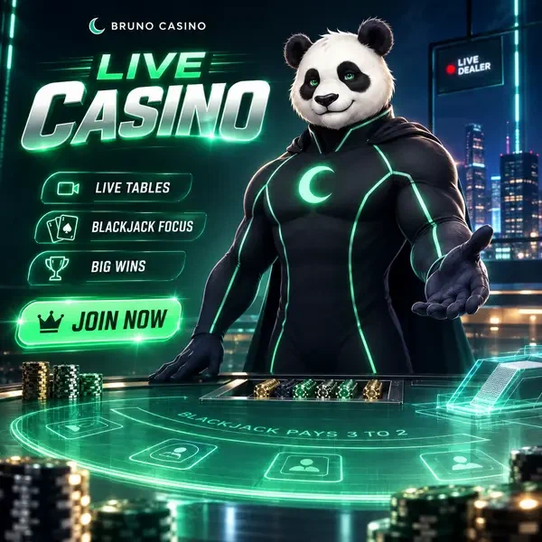 Bruno Panda rozdaje gry kasyna na żywo w Bruno Casino ze świecącym holograficznym stołem
