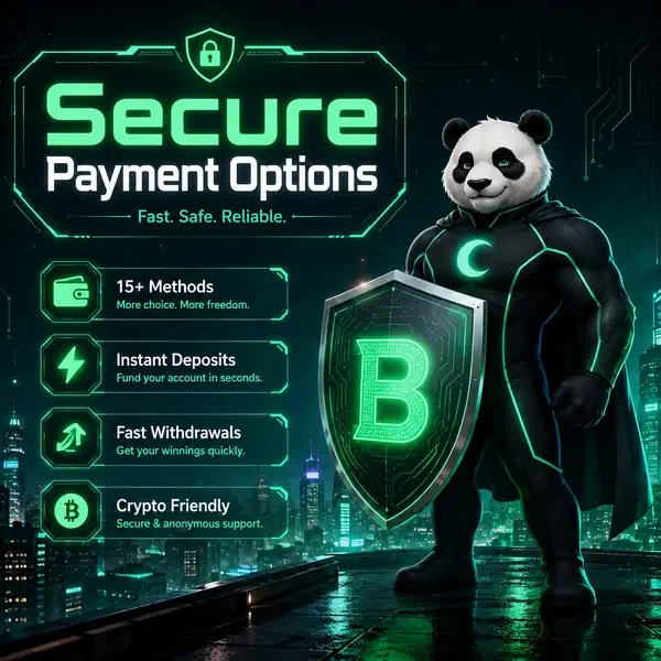 Bruno le Panda tient un bouclier de sécurité au hub des méthodes de paiement Bruno Casino