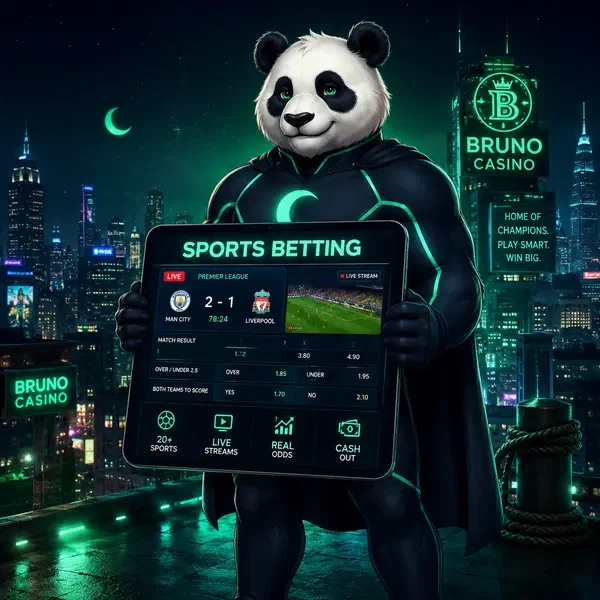 Bruno le Panda supervisant l'action des paris sportifs chez Bruno Casino avec cotes en direct brillantes sur tablette